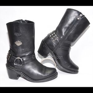Harley Davidson Mid Calf Studded Harness Boots Heel Genuine Leather 6 US